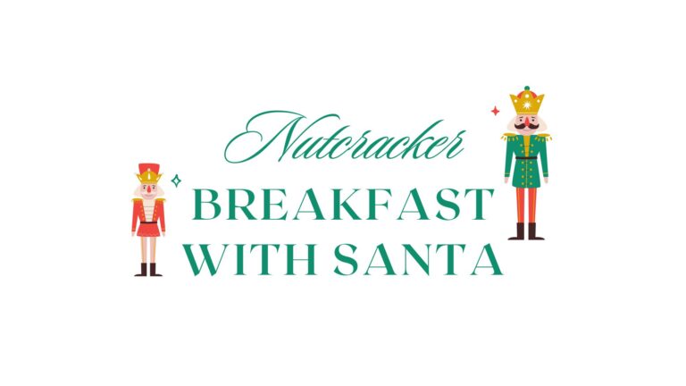 Nutcracker and soldier characters beside the text "Breakfast with Santa" in festive green and red colors.