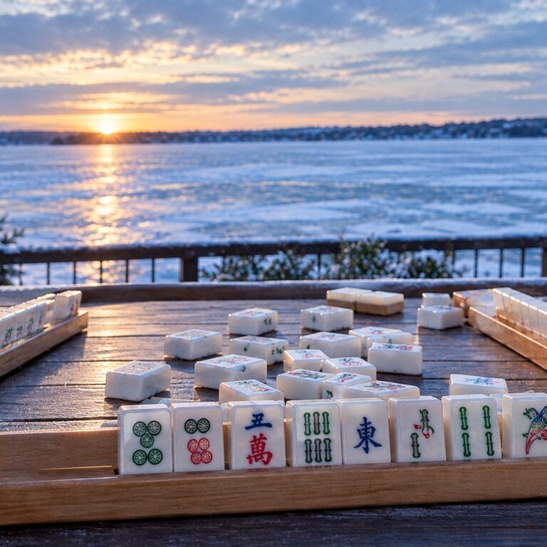 Mahjong tiles and champagne glasses on a table with a frozen lake and sunset background.