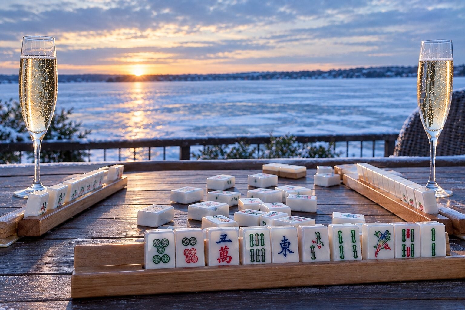 Mahjong tiles and champagne glasses on a table with a frozen lake and sunset background.